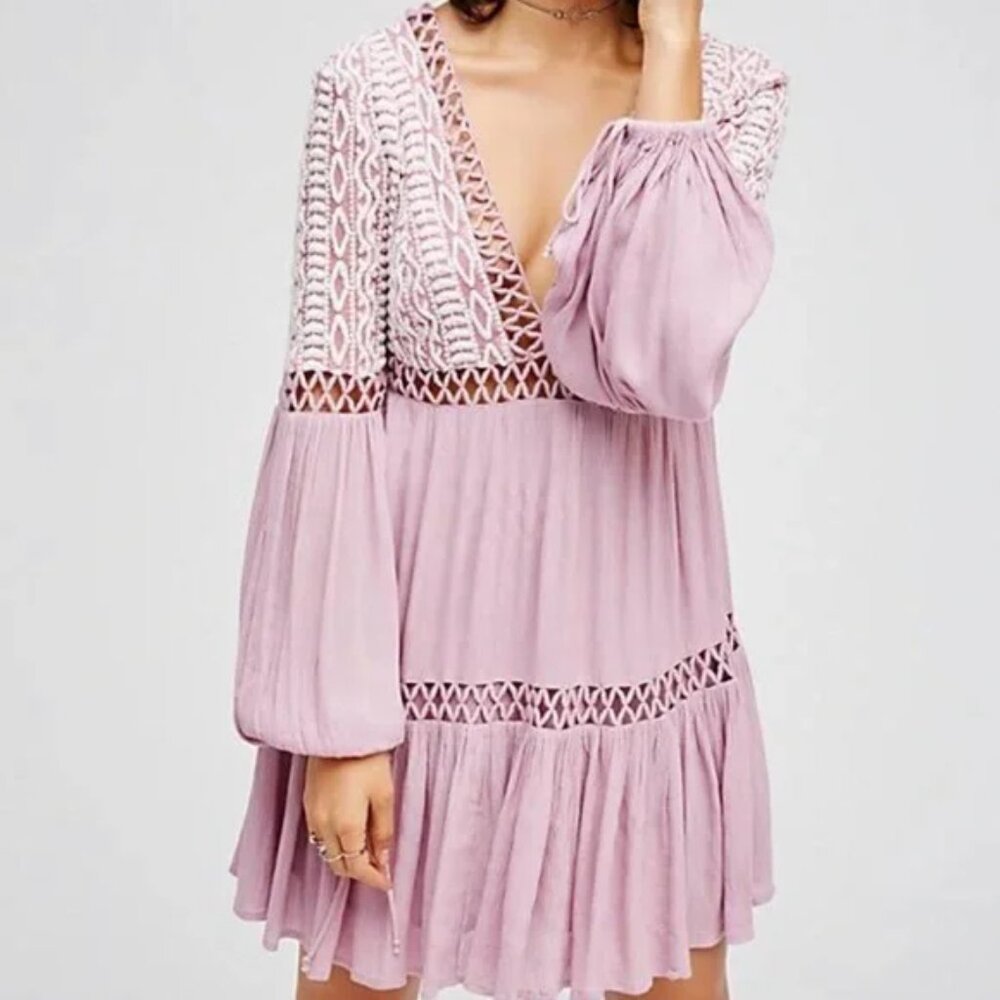 NWOT Free People $148 'Dusk Till Dawn' Embroidered Mini Dress Mauve Size 2